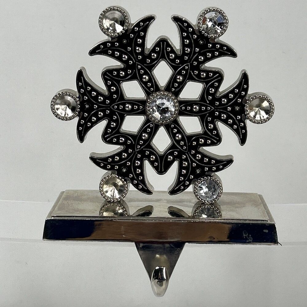 Christmas Stocking Holder Snowflake Black Embellished Silver Metal READ